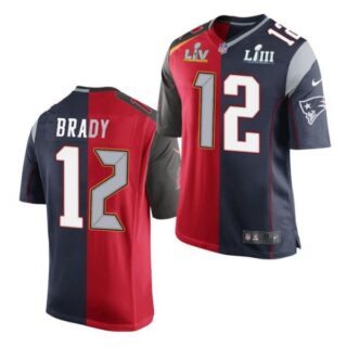 Men's Buccaneers Patriots #12 Tom Brady Split GOAT Two Tone Super Bowl Stitched Jersey Red Navy