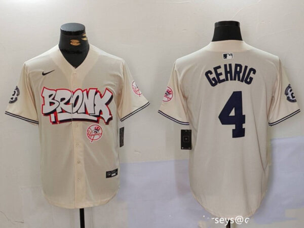 Men's New York Yankees #4 Lou Gehrig The Bronx Graffiti V2 Vapor Limited Stitched Baseball Jerseys