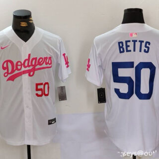 Men's Los Angeles Dodgers #50 Mookie Betts White Pink Vin & Kobe Patch Stitched Baseball Jerseys