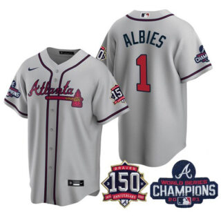 Atlanta Braves #1 Ozzie Albies 2021 Grey World Series Champions With 150th Anniversary Patch Cool Base Stitched Jersey(Run Small)