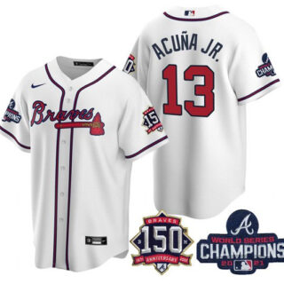 Atlanta Braves #13 Ronald Acuna Jr 2021 White World Series Champions With 150th Anniversary Patch Cool Base Stitched Jersey(Run Small)