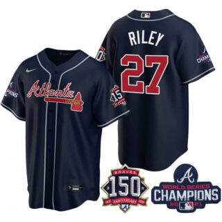 Atlanta Braves #27 Austin Riley 2021 Navy World Series Champions With 150th Anniversary Patch Cool Base Stitched Jersey(Run Small)