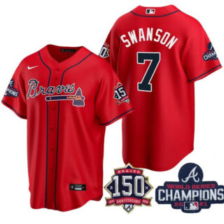Atlanta Braves #7 Dansby Swanson 2021 Red World Series Champions With 150th Anniversary Patch Cool Base Stitched Jersey(Run Small)