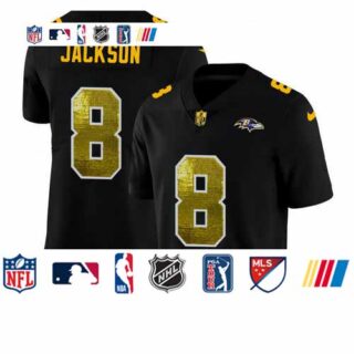 Baltimore Ravens #8 Lamar Jackson Men's Black Nike Golden Sequin Vapor Limited NFL Jersey