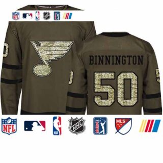 Blues #50 Jordan Binnington Green Salute to Service Stitched Youth Hockey Jersey