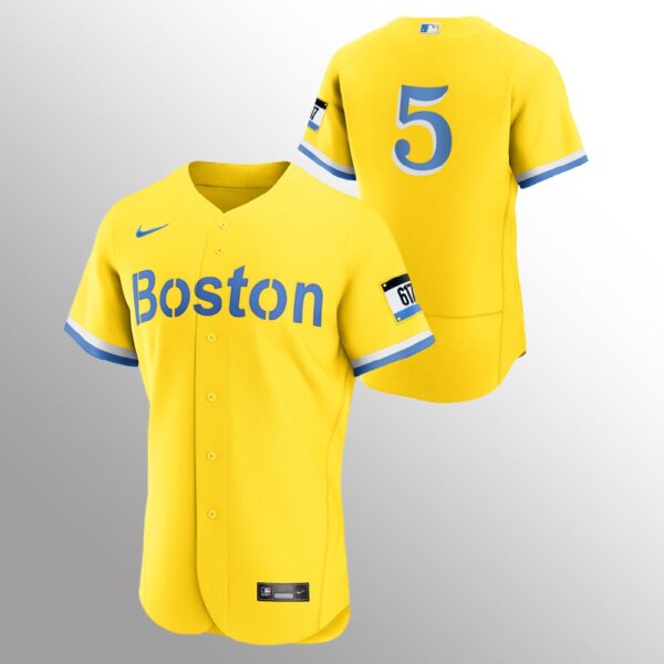 Boston Red Sox #5 Enrique Hernandez Men's Nike 2021 City Connect Gold Authentic MLB Jersey - No Name