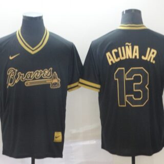 Braves 13 Ronald Acuna Jr Black Gold Nike Cooperstown Collection Legend V Neck Jersey