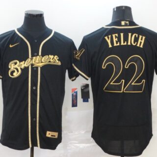 Brewers 22 Christian Yelich Black Gold Nike 2020 Flexbase Jersey