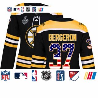 Bruins #37 Patrice Bergeron Black Home Authentic USA Flag Stanley Cup Final Bound Women's Stitched Hockey Jersey