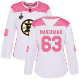 Bruins #63 Brad Marchand White Pink Authentic Fashion Stanley Cup Final Bound Women's Stitched Hockey Jersey