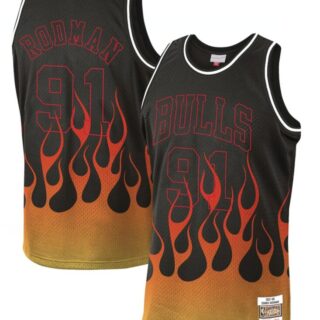 Bulls 91 Dennis Rodman Black 1997-98 Hardwood Classics Flames Swingman Jersey