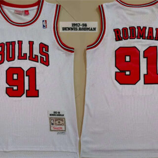 Bulls 91 Dennis Rodman White 1997-98 Hardwood Classics Jersey