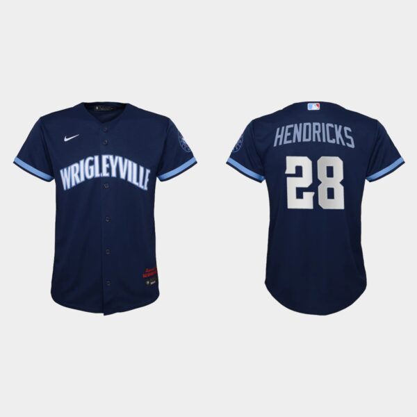 Chicago Cubs #28 Kyle Hendricks Youth Nike 2021 City Connect Navy MLB Jersey