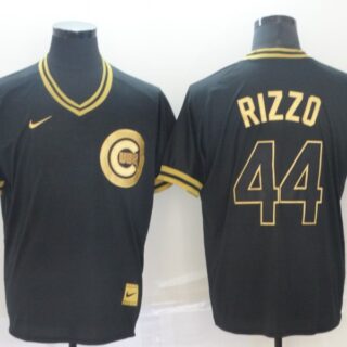 Cubs 44 Anthony Rizzo Black Gold Nike Cooperstown Collection Legend V Neck Jersey
