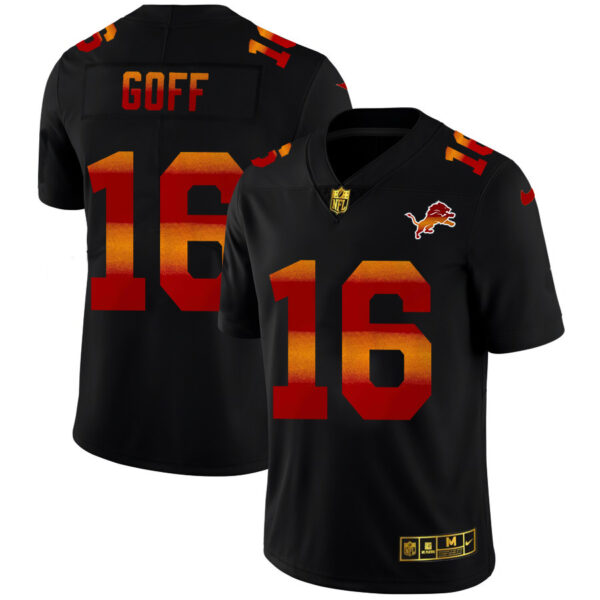 Detroit Lions #16 Jared Goff Men's Black Nike Red Orange Stripe Vapor Limited NFL Jersey