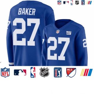 Giants #27 Deandre Baker Royal Blue Team Color Women's Stitched Football Limited Therma Long Sleeve Jersey