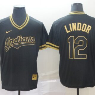 Indians 12 Francisco Lindor Black Gold Nike Cooperstown Collection Legend V Neck Jersey