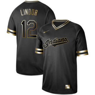 Indians 12 Francisco Lindor Black Gold Nike Cooperstown Collection Legend V Neck Jersey