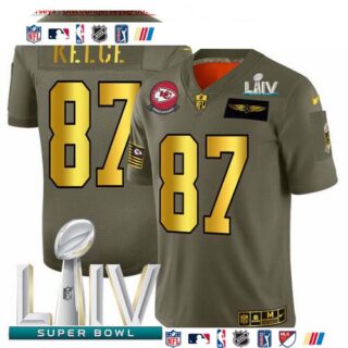 Kansas City Chiefs #87 Travis Kelce NFL Men's Nike Olive Gold Super Bowl LIV 2020 2019 Salute to Service Limited Jersey