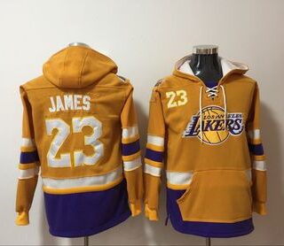 Lakers 23 Lebron James Yellow All Stitched Hooded Sweatshirt