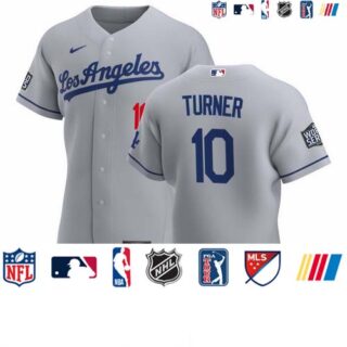 Los Angeles Dodgers #10 Justin Turner Men's Nike Gray Road 2020 World Series Bound Authentic Team MLB Jersey