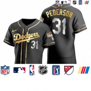Los Angeles Dodgers #31 Joc Pederson Black 2020 World Series Champions Gold Edition Jersey