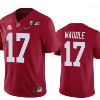 Men's Alabama Crimson Tide #17 Jaylen Waddle Red 2021 Patch Stitched Football Jersey