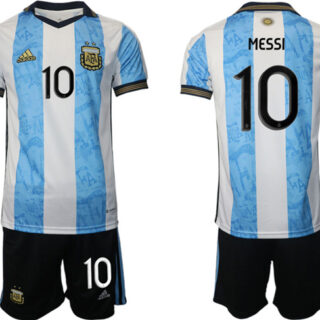 Men's Argentina #10 Messi White Blue Home Soccer Jersey Suit