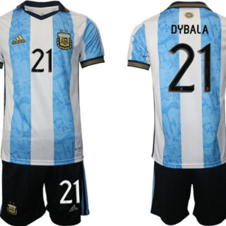 Men's Argentina #21 Dybala Maradona White Blue Home Soccer Jersey Suit