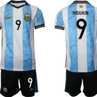 Men's Argentina #9 Higuain White Blue Home Soccer Jersey Suit