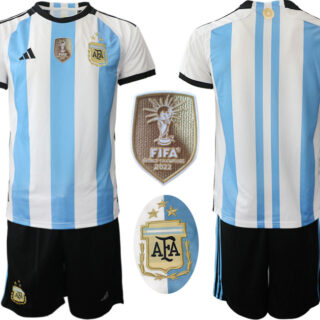 Men's Argentina Custom White Blue 2022 FIFA World Cup Final Winners Edition 3 Stars Home Soccer Jersey Suit