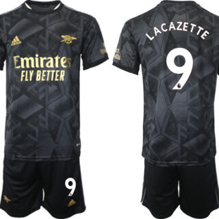 Men's Arsenal F.C #9 Lacazette 2023 Black Away Soccer Jersey Suit