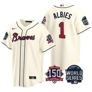 Men's Atlanta Braves #1 Ozzie Albies 2021 Cream World Series With 150th Anniversary Patch Cool Base Stitched Jersey