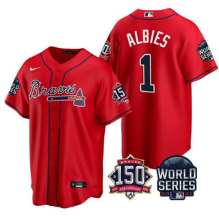Men's Atlanta Braves #1 Ozzie Albies 2021 Red World Series With 150th Anniversary Patch Cool Base Stitched Jersey