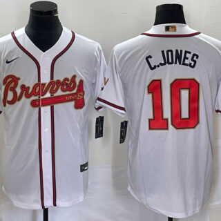 Men's Atlanta Braves #10 Chipper Jones 2022 White Gold World Series Champions Program Cool Base Stitched Baseball Jersey