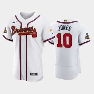 Men's Atlanta Braves #10 Chipper Jones 2022 White Gold World Series Champions Program Flex Base Stitched Baseball Jersey
