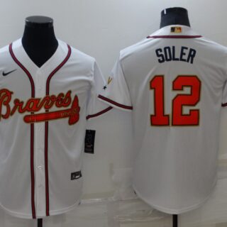Men's Atlanta Braves #12 Jorge Soler 2022 White Gold World Series Champions Program Cool Base Stitched Baseball Jersey