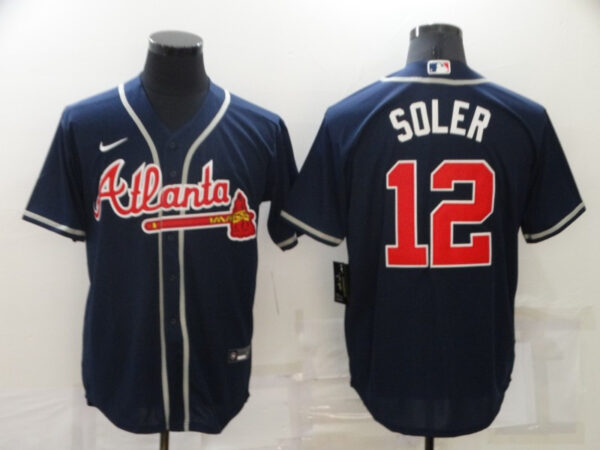 Men's Atlanta Braves #12 Jorge Soler Navy Cool Base Stitched Jersey