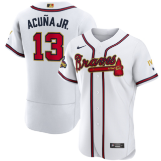 Men's Atlanta Braves #13 Ronald Acuña Jr. 2022 White Gold World Series Champions Program Flex Base Stitched Baseball Jersey