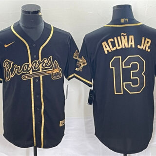 Men's Atlanta Braves #13 Ronald Acuña Jr. Black Gold Cool Base Stitched Baseball Jersey