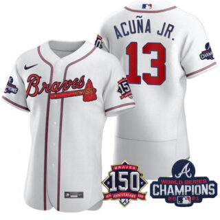 Men's Atlanta Braves #13 Ronald Acuna Jr. 2021 White World Series Champions With 150th Anniversary Flex Base Stitched Jersey