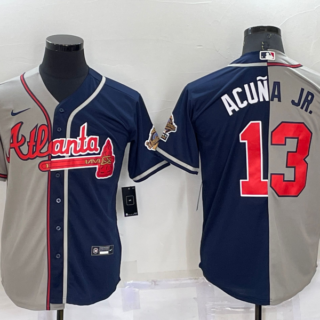 Men's Atlanta Braves #13 Ronald Acuna Jr. Gray Navy Two Tone Split Cool Base Stitched Baseball Jersey
