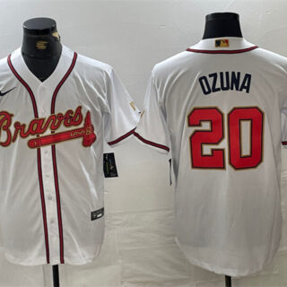 Men's Atlanta Braves #20 Marcell Ozuna White Gold World Series Champions Cool Base Stitched Baseball Jersey