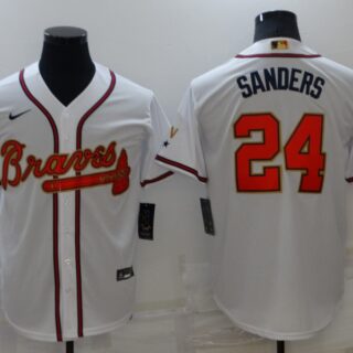 Men's Atlanta Braves #24 Deion Sanders 2022 White Gold World Series Champions Program Cool Base Stitched Baseball Jersey