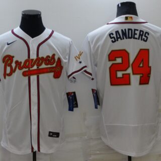 Men's Atlanta Braves #24 Deion Sanders 2022 White Gold World Series Champions Program Flex Base Stitched Baseball Jersey