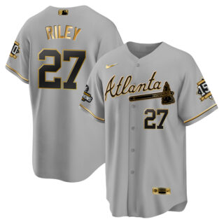 Men's Atlanta Braves #27 Austin Riley 2021 Grey Gold World Series Champions With 150th Anniversary Patch Cool Base Stitched Jersey