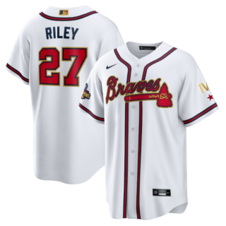 Men's Atlanta Braves #27 Austin Riley 2022 White Gold World Series Champions Program Cool Base Stitched Baseball Jersey