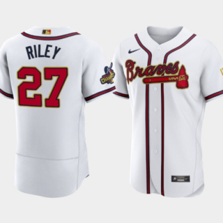 Men's Atlanta Braves #27 Austin Riley 2022 White Gold World Series Champions Program Flex Base Stitched Baseball Jersey