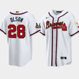 Men's Atlanta Braves #28 Matt Olson 2022 White Gold World Series Champions Program Cool Base Stitched Baseball Jersey