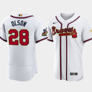 Men's Atlanta Braves #28 Matt Olson 2022 White Gold World Series Champions Program Flex Base Stitched Baseball Jersey